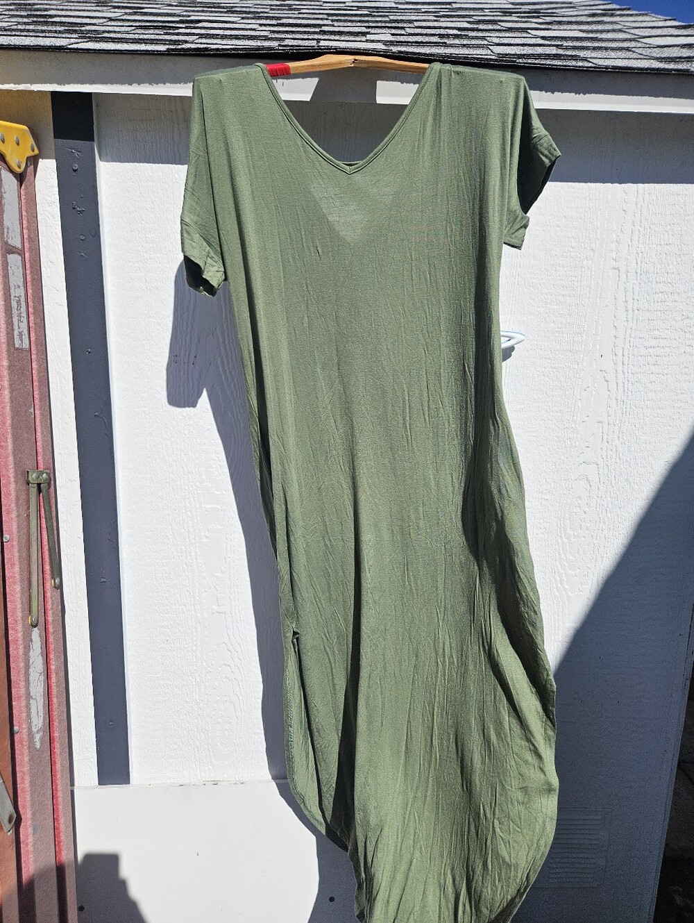 V-Neck Olive Maxi Dress with Short Sleeves